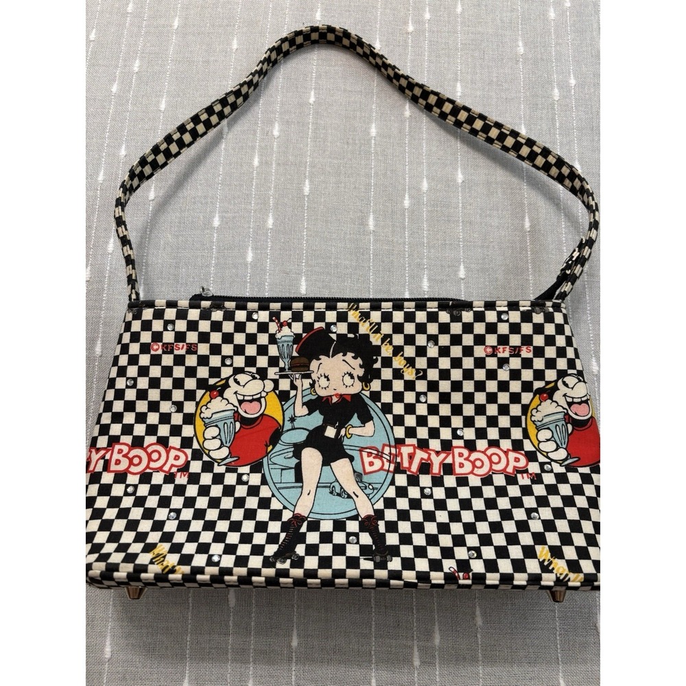 Rare Vtge Betty Boop Black Checkered Canvas Shoulder Bag EUC